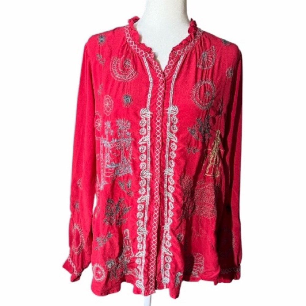Biya Johnny Was 100% Silk Embroidered Red Blouse Size L